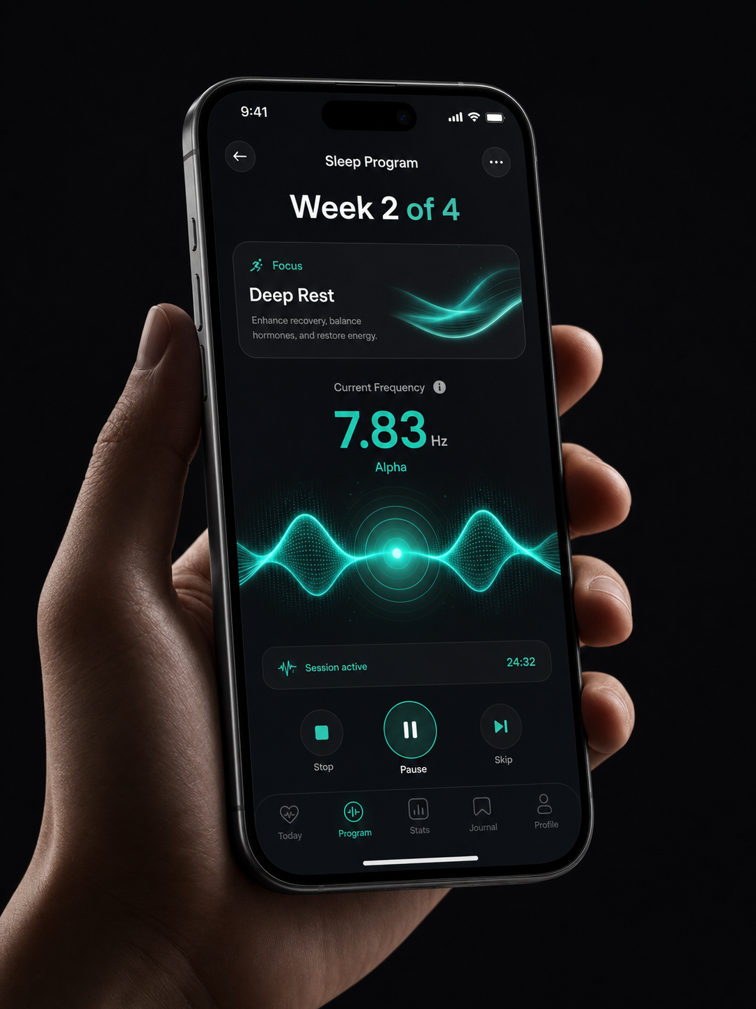 Tihna iOS app showing Sleep Program Week 2 of 4 with live 6 Hz waveform visualiser