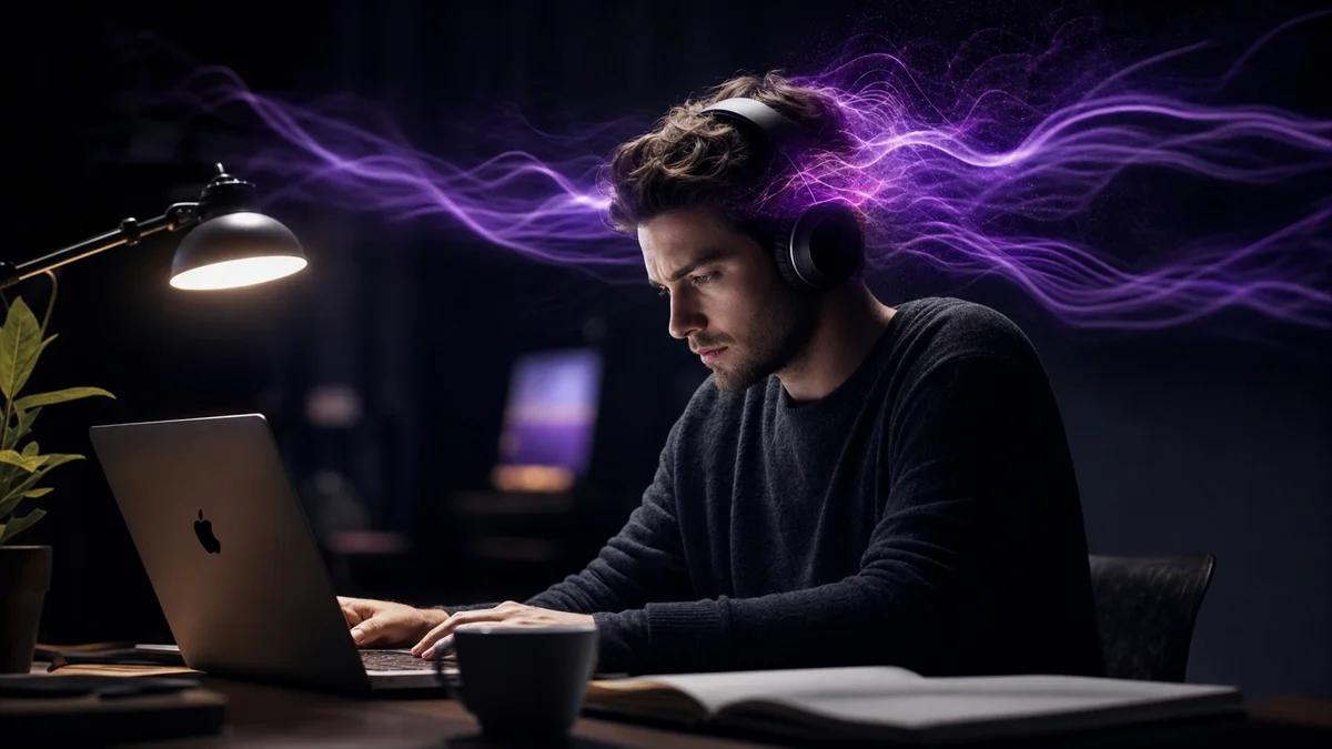 Man focused at desk with purple gamma brainwave visualization