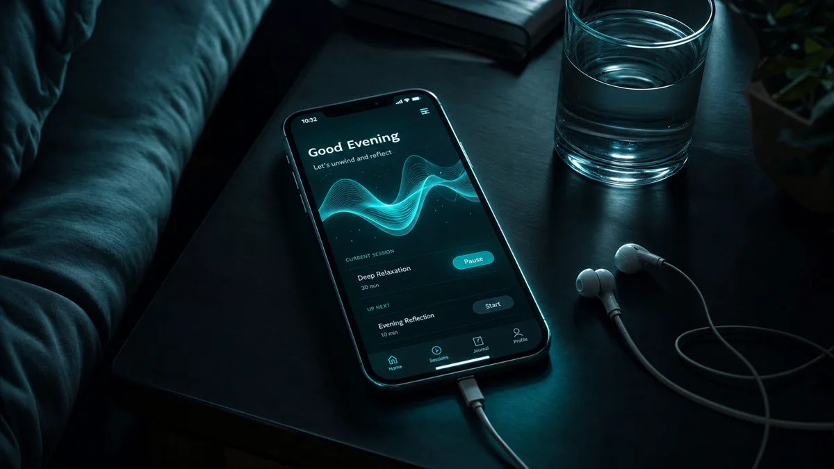 Sleep app on iPhone beside earbuds on dark bedside table