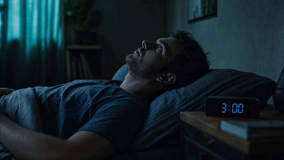 Man lying awake in dark bedroom at 3am