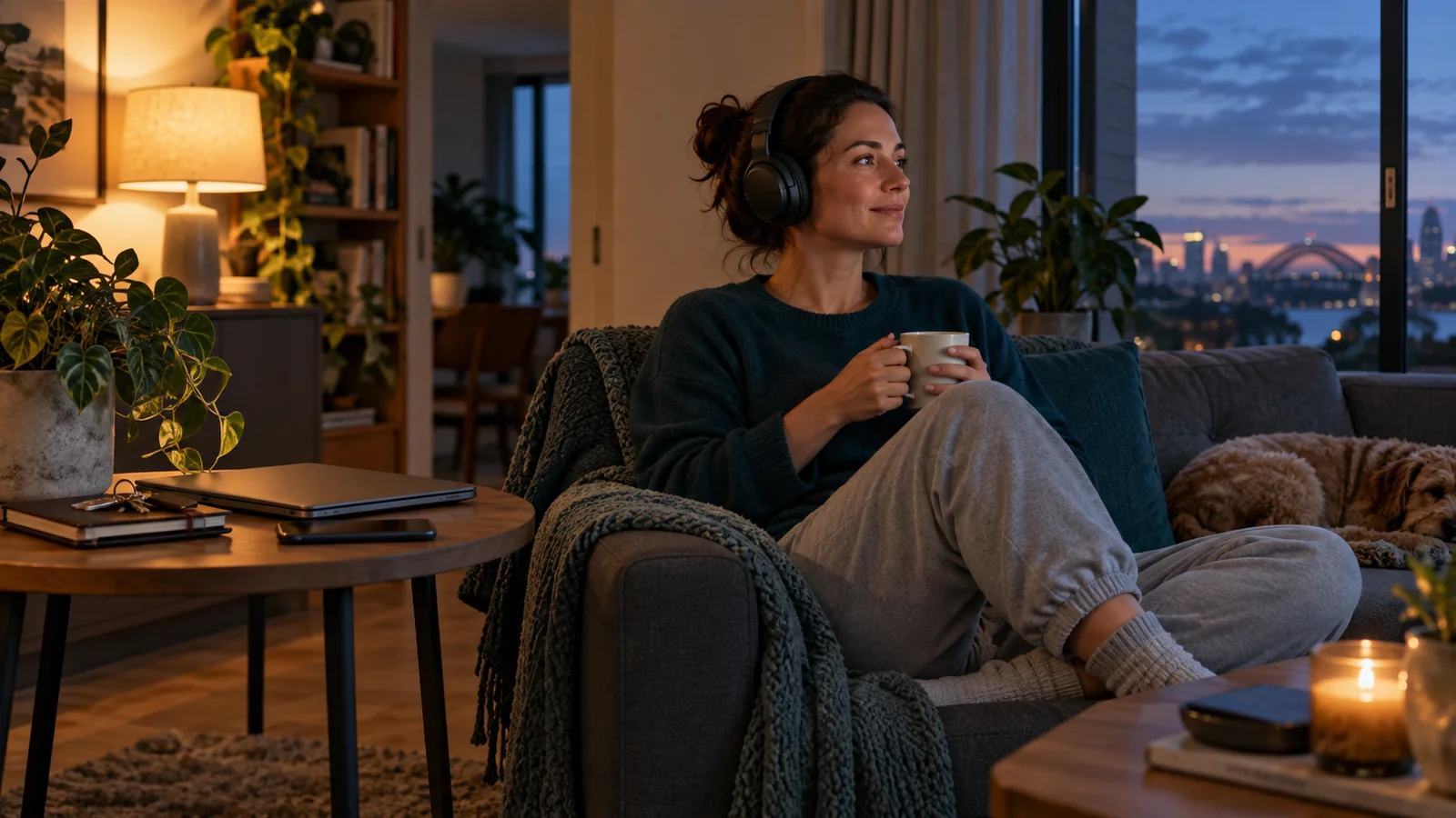 A woman at home after work sits with headphones and a warm drink beside a closed laptop at dusk