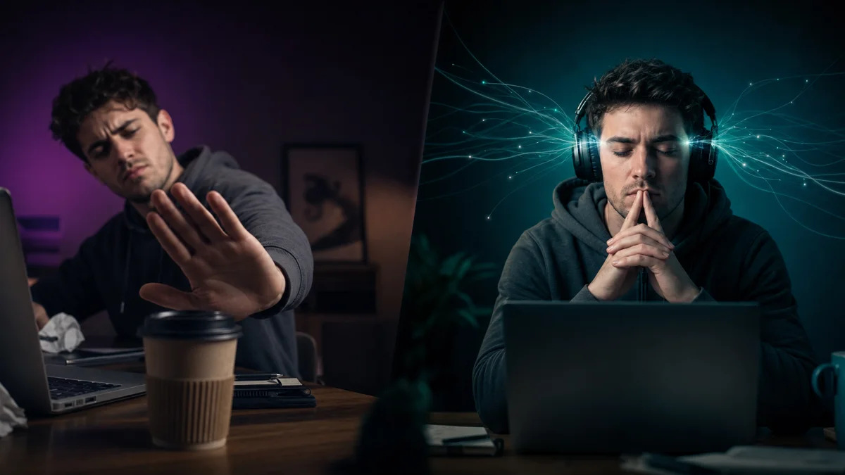 Split scene: pushing away coffee vs focused with headphones