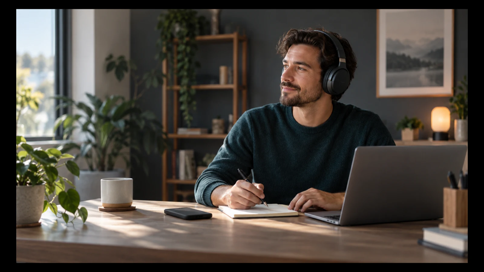 A person wearing over-ear headphones at a calm desk, preparing one written task beside a laptop