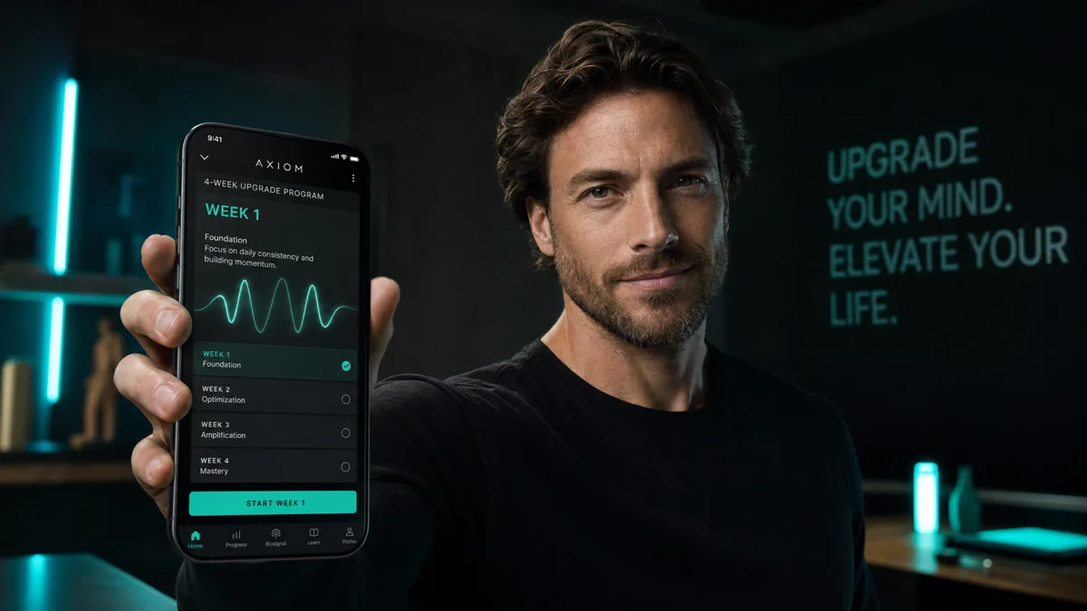 Person holding phone with structured 4-week frequency program app