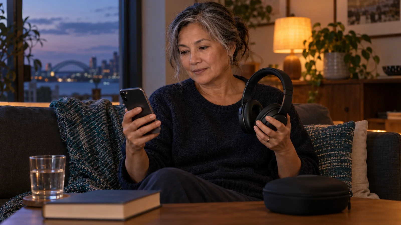 A fictional adult woman looks at her phone while holding stereo headphones before a bedtime listening session