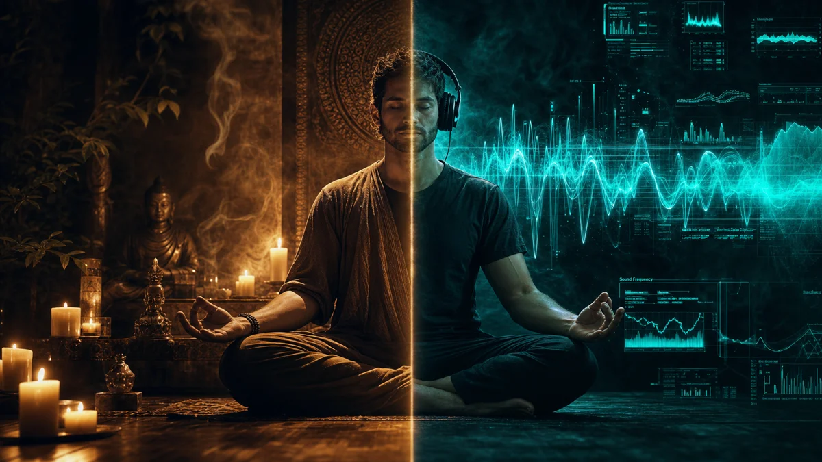Split: ancient meditation vs modern frequency program with headphones