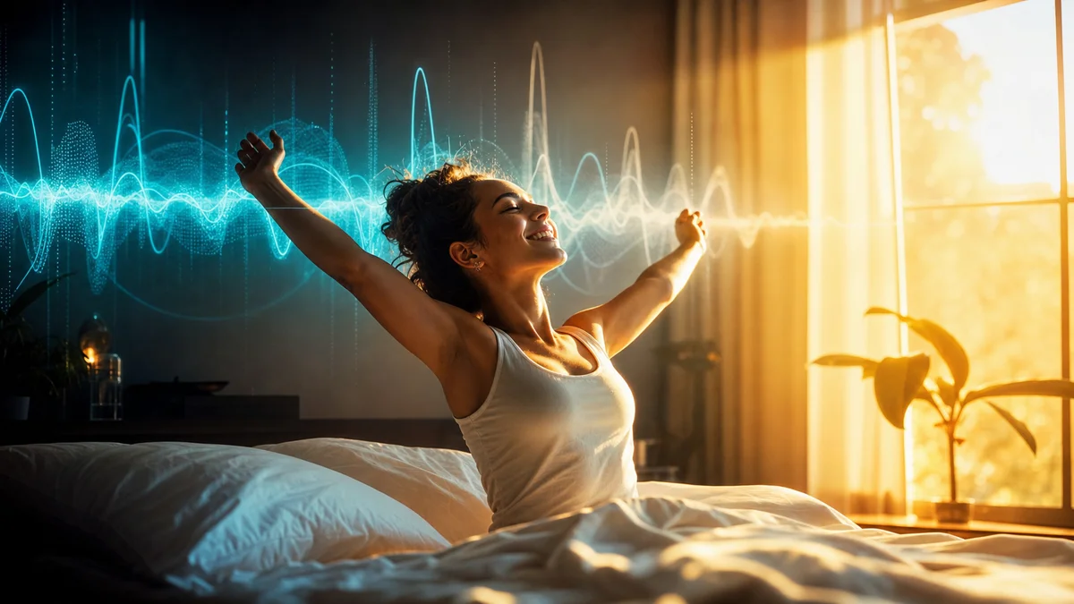 Energised person waking up with beta wave visualization