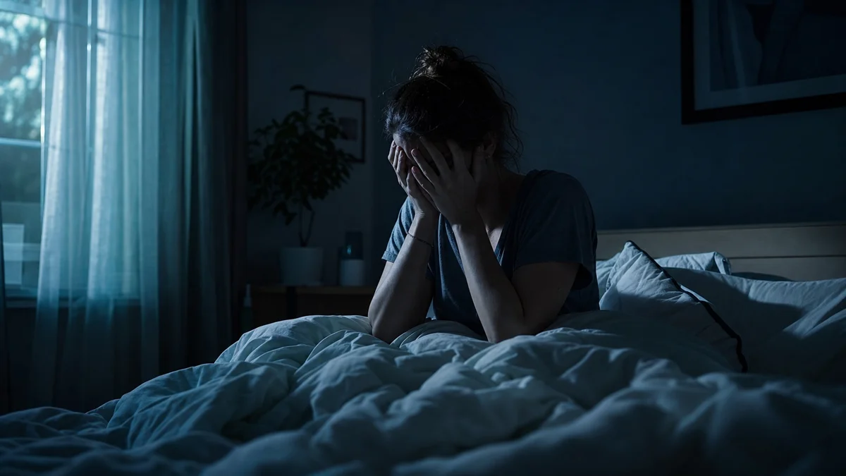 Woman sitting up in bed at night with sleep anxiety