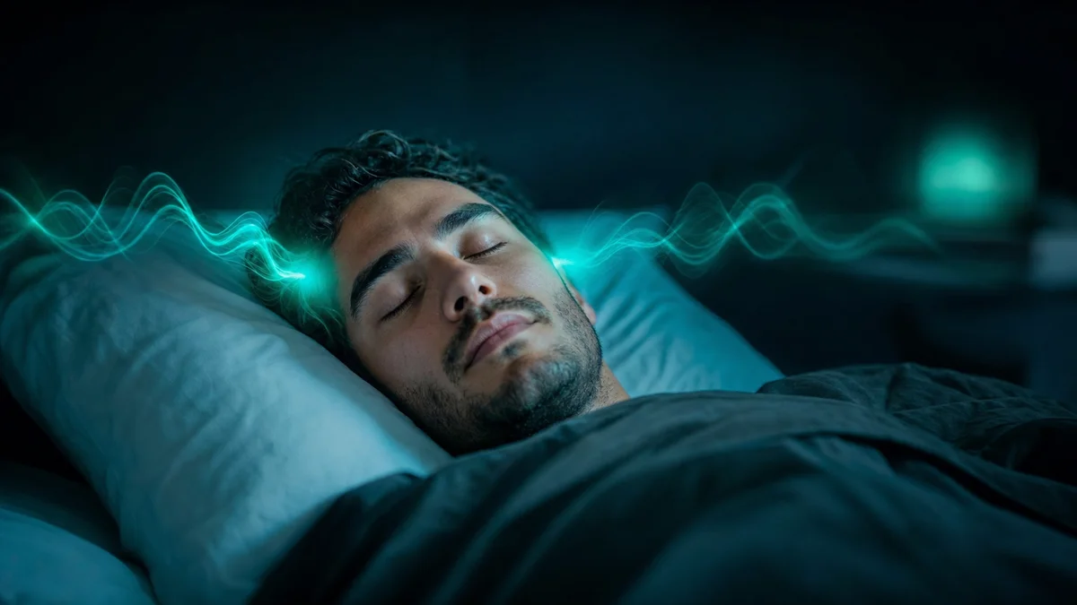 Person sleeping peacefully with teal neural frequency waves