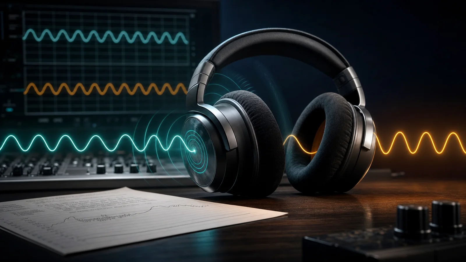 Studio headphones on a mixing desk with teal and amber sine waves and an oscilloscope readout